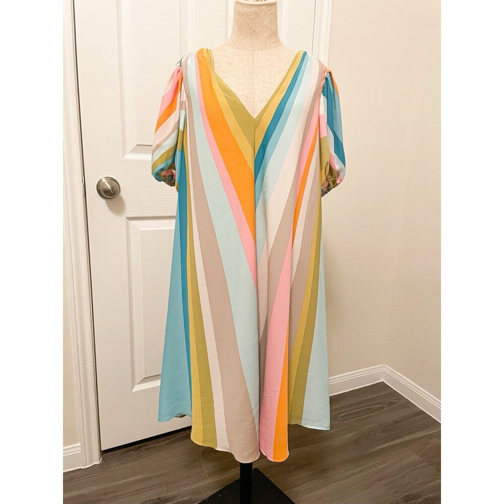 TRINA TURK Dress Women's Size M Sunshine Striped Colorful Puff Sleeve NWOT